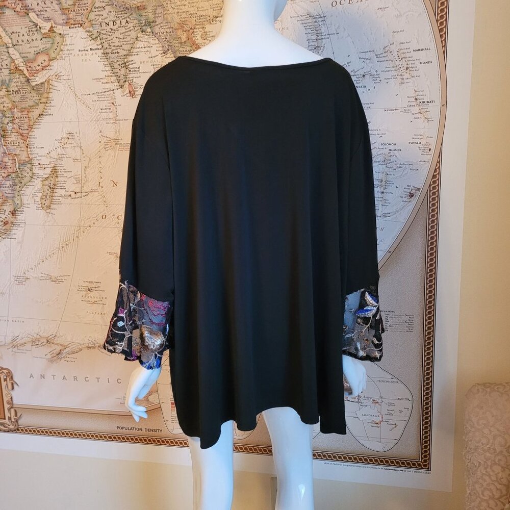 Catherine’s Black Label V-Neck Tunic Top 3/4 sheer floral bell sleeves boho 4X - Picture 2 of 3